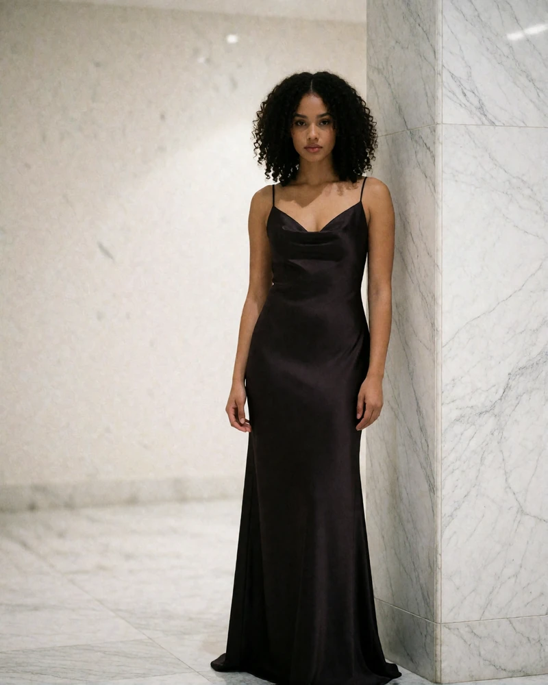 Woman in a dark satin evening gown standing in a bright hotel lobby, an example Orlando sugar baby profile photo