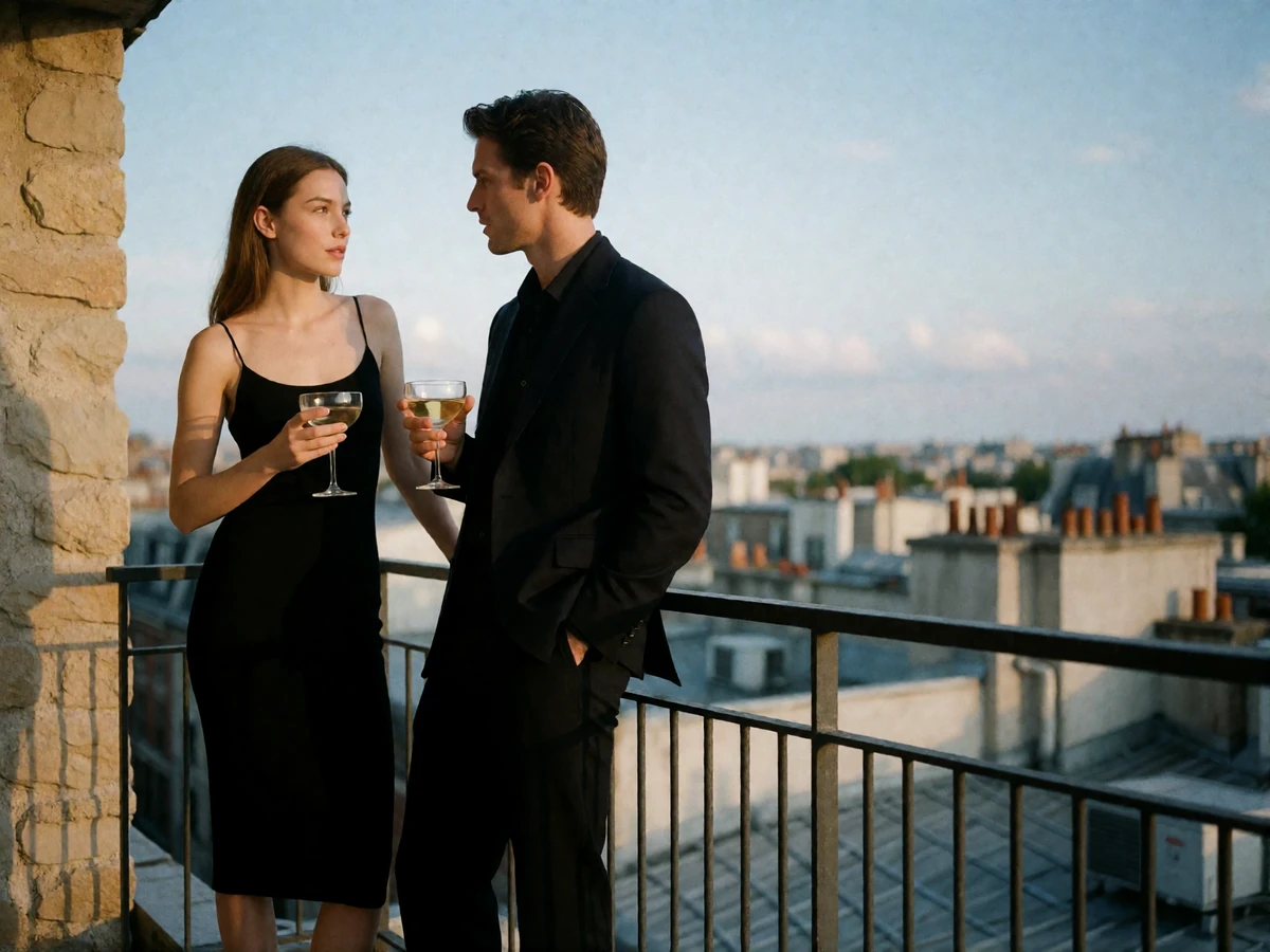 Woman in a black midi dress and man in a dark blazer talking at a Denver rooftop terrace rail in the early evening