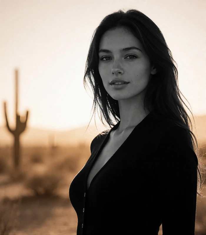 Dark-haired woman photographed at golden hour against an open desert horizon, an example Las Vegas member profile photo