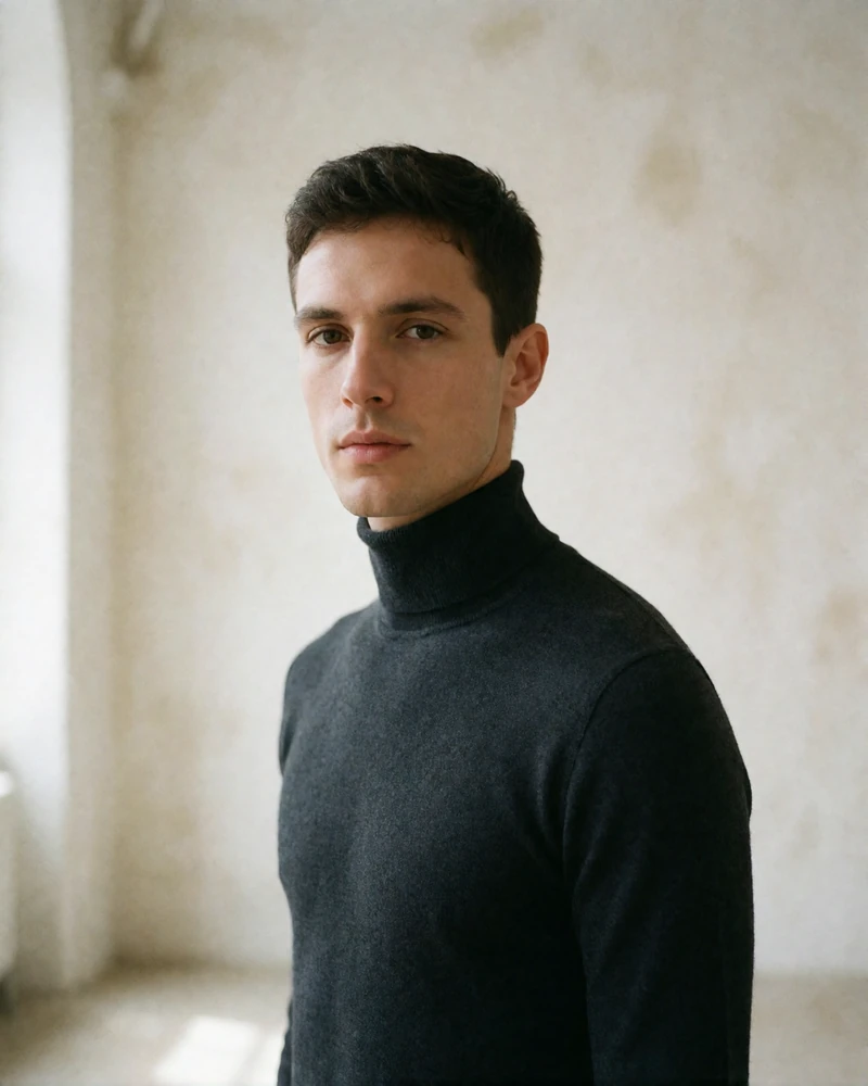 Man in a fitted charcoal roll-neck standing in a bright minimalist gallery space, an example verified companion profile photo