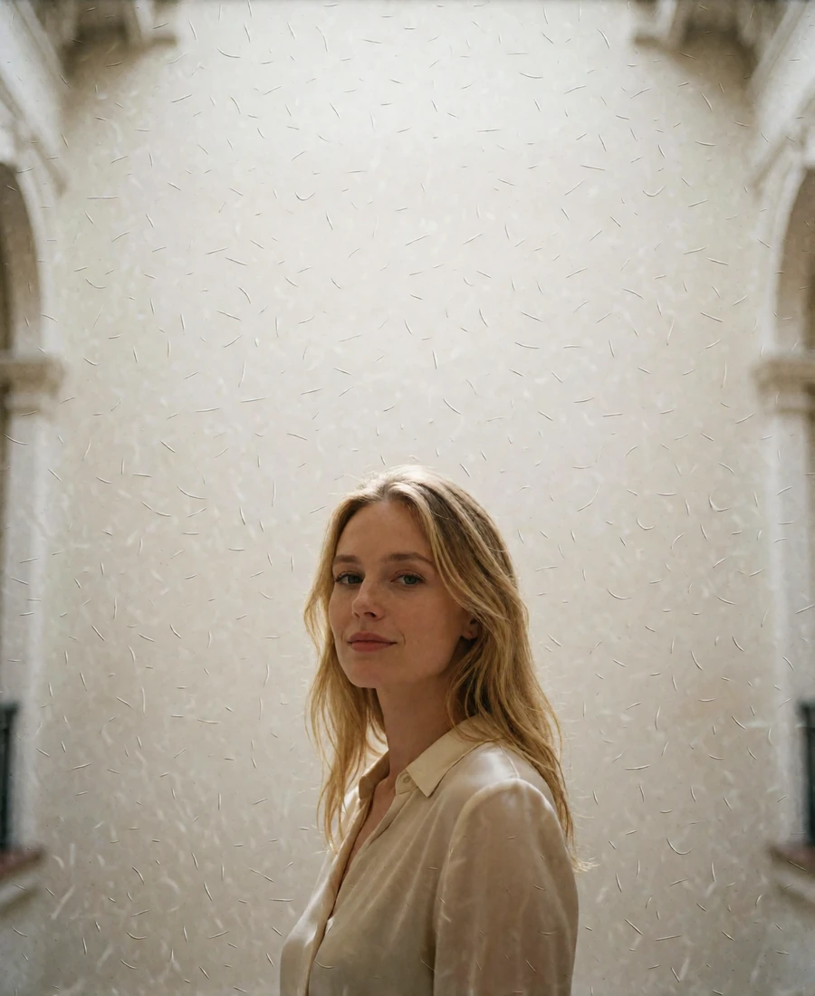Blonde woman in a soft champagne blouse inside a light-filled atrium, an example Houston member profile photo