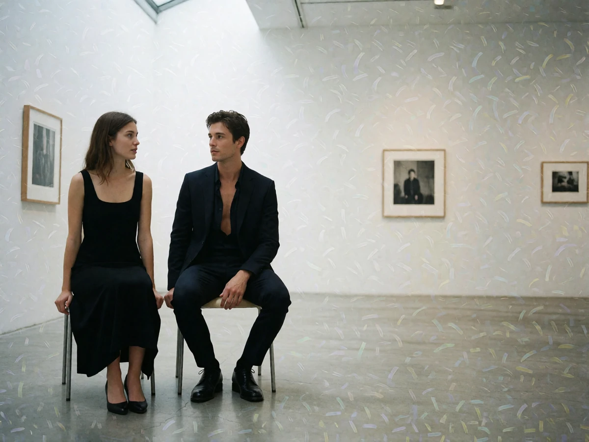 Woman in a black dress and man in a dark suit standing in a white-walled gallery space, mid conversation