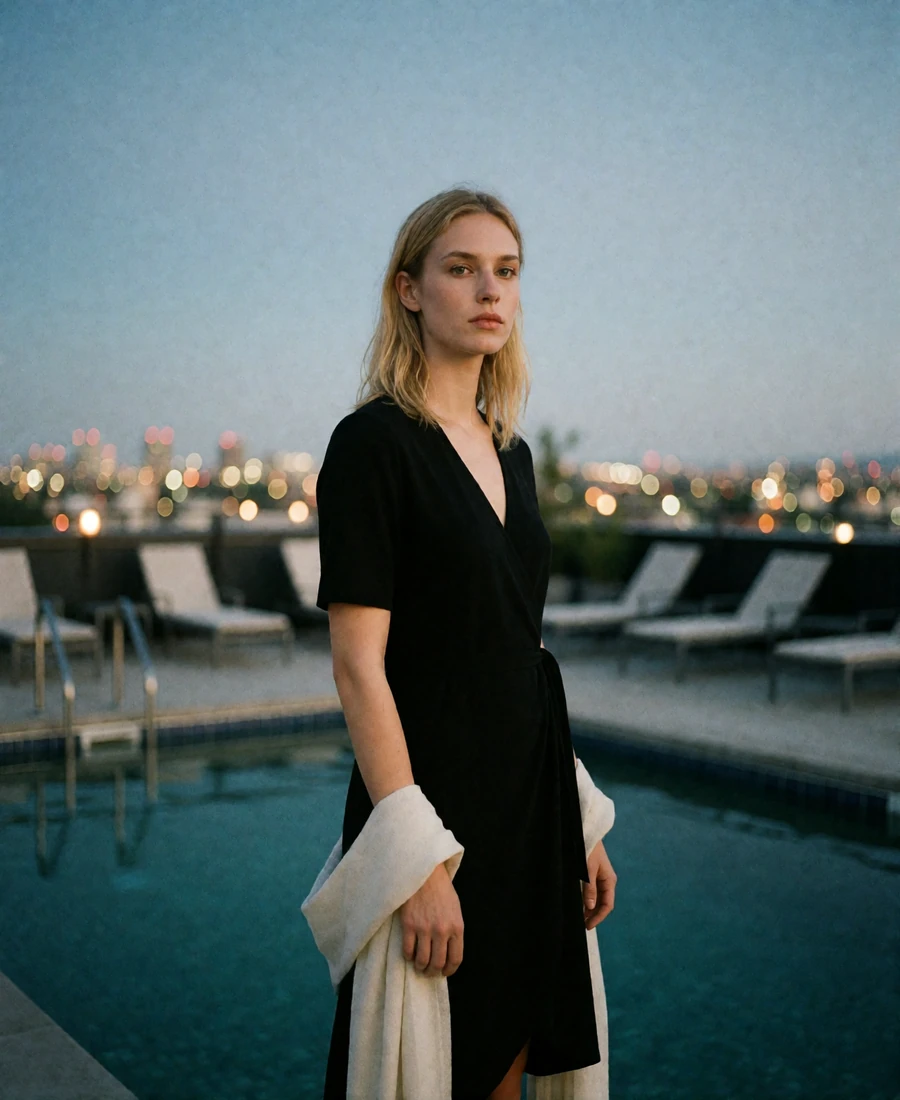 Blonde woman in a black wrap dress beside a rooftop pool deck at dusk, an example Houston member profile photo