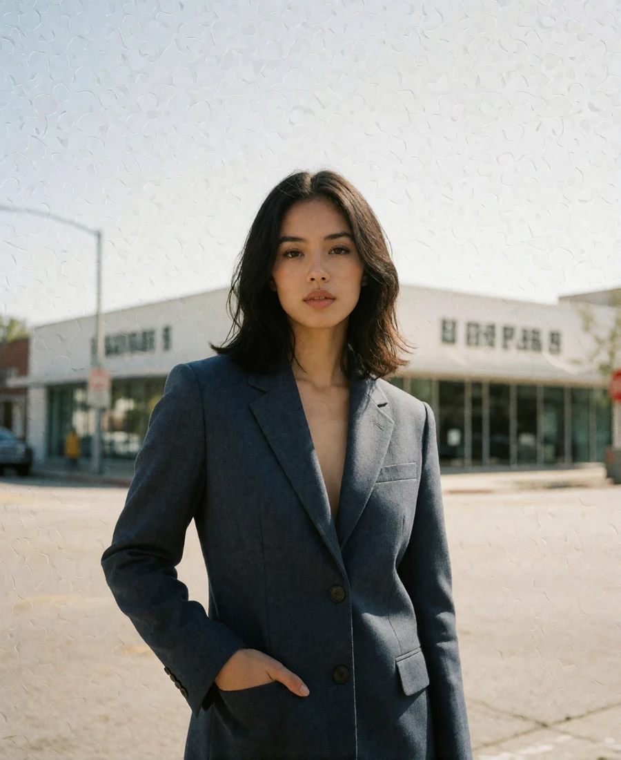 Dark-haired woman in a tailored slate blazer on a bright Houston street corner, an example Houston member profile photo