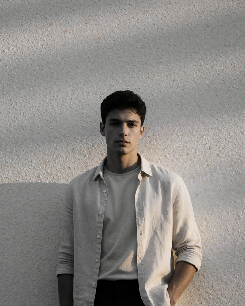 Young man in his late twenties in an open linen shirt against a stucco wall, an example Miami toy boy dating profile photo