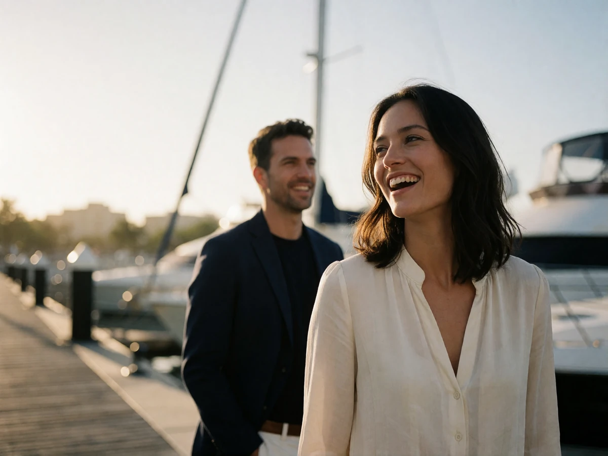 Woman in an ivory blouse laughing on a San Diego marina boardwalk at golden hour beside a man in a navy blazer, yachts blurred behind them