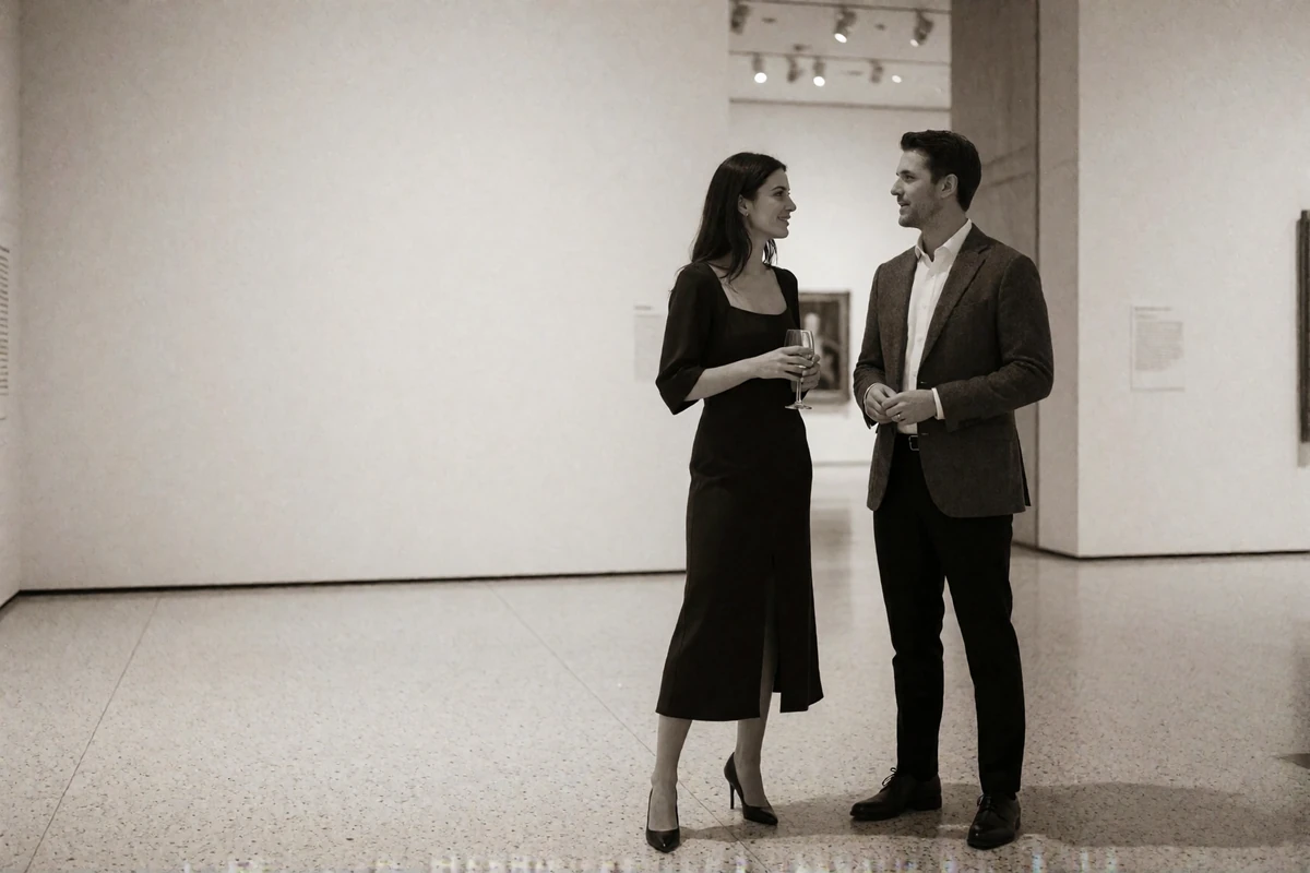 Woman in a sleek dark dress and man in a tailored jacket talking in a spacious modern museum atrium in the evening