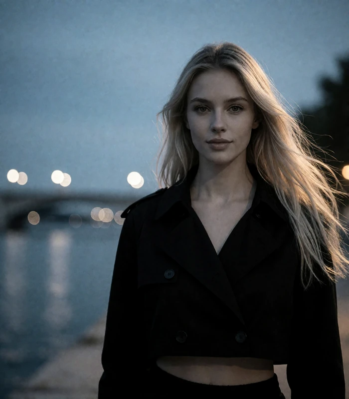 Blonde woman on a riverfront walkway at dusk with bridge lights behind her, an example Portland sugar baby profile photo