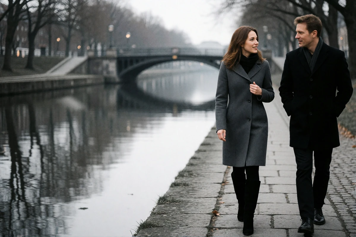 Woman in a grey coat and man in a dark overcoat walking together along the Indianapolis Canal Walk
