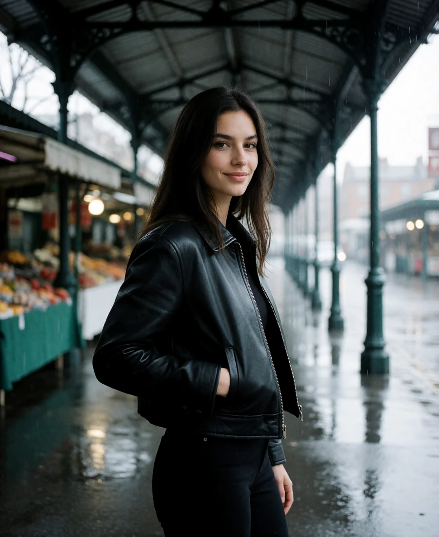Dark-haired woman in a cropped leather jacket under a covered Seattle market arcade, an example Seattle member profile photo