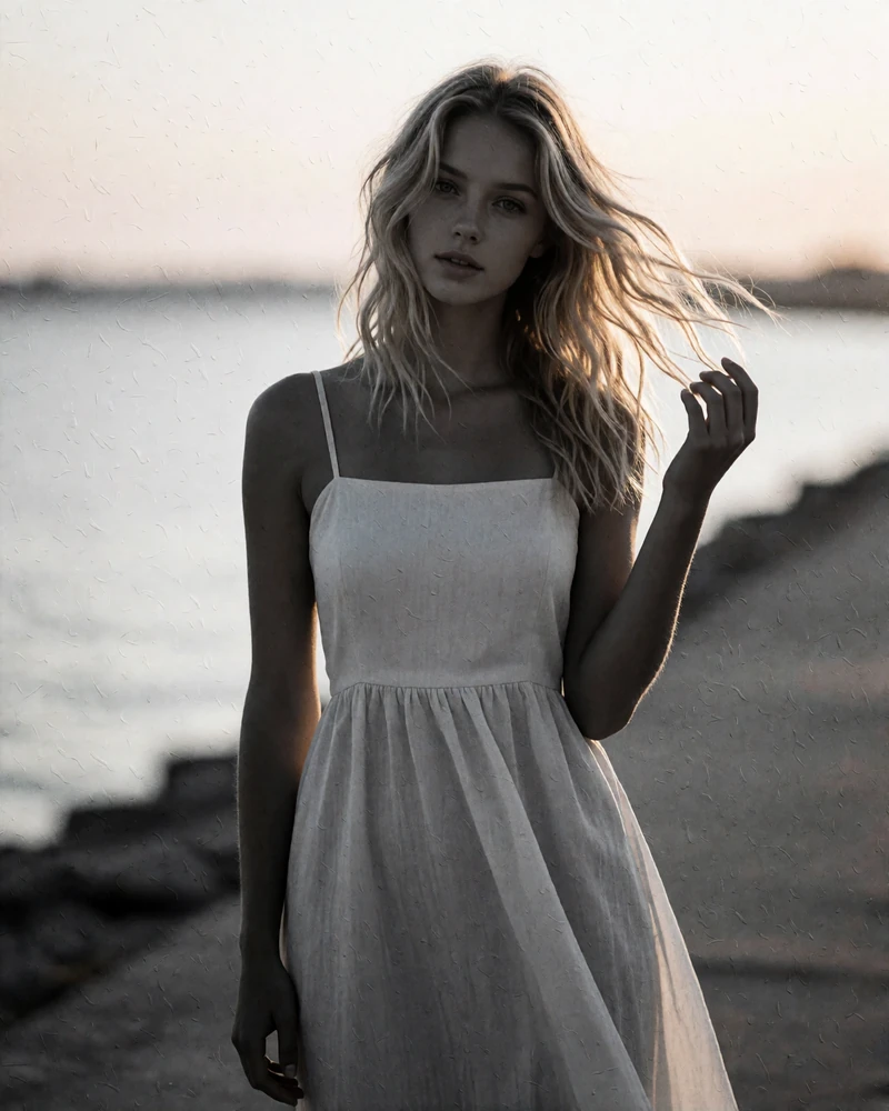 Wavy blonde-haired woman in a pale sundress on an open Tampa waterfront path, an example Tampa member profile photo
