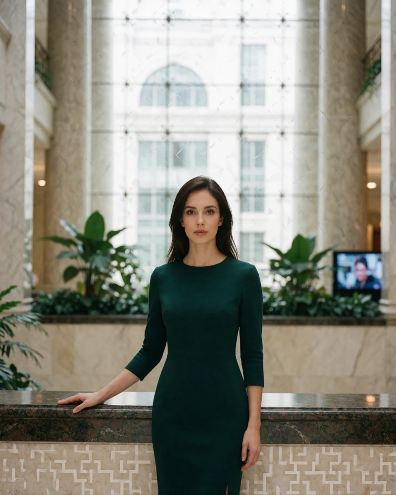 Woman in an emerald dress standing in a marble hotel atrium in downtown Dallas, an example Dallas member profile photo