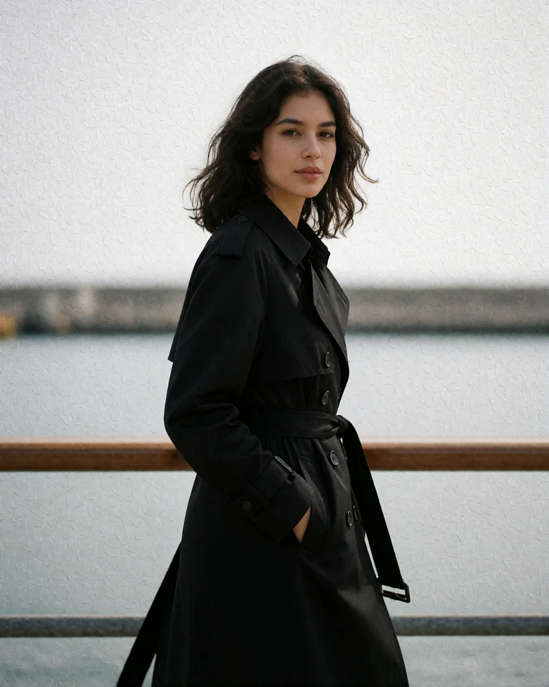 Dark-haired woman in a belted black trench coat walking along a Boston harbor promenade railing, an example Boston member profile photo