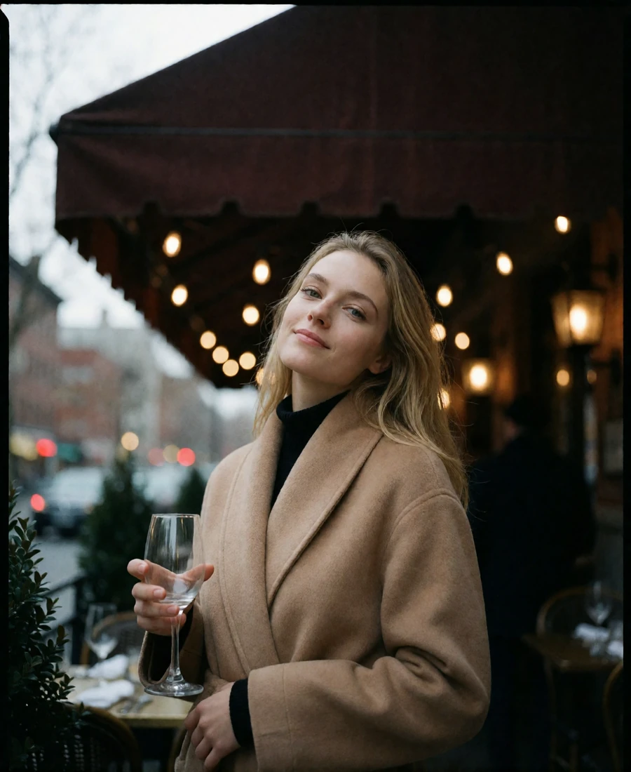 Blonde woman in a camel wrap coat on a restaurant terrace in the evening, an example Denver member profile photo