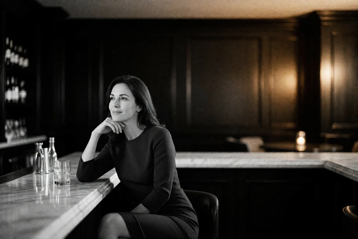 Woman in her forties in a fitted dark dress at a marble hotel bar counter in Miami, glancing off-camera with an amused expression