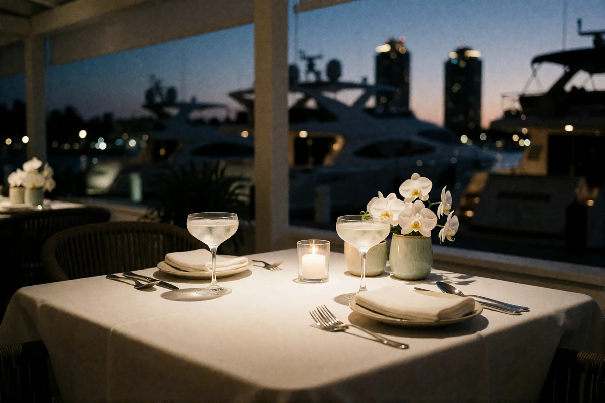 Table for two set on a covered terrace of an upscale bayfront Miami restaurant at dusk, with yachts and glowing towers blurred in the background