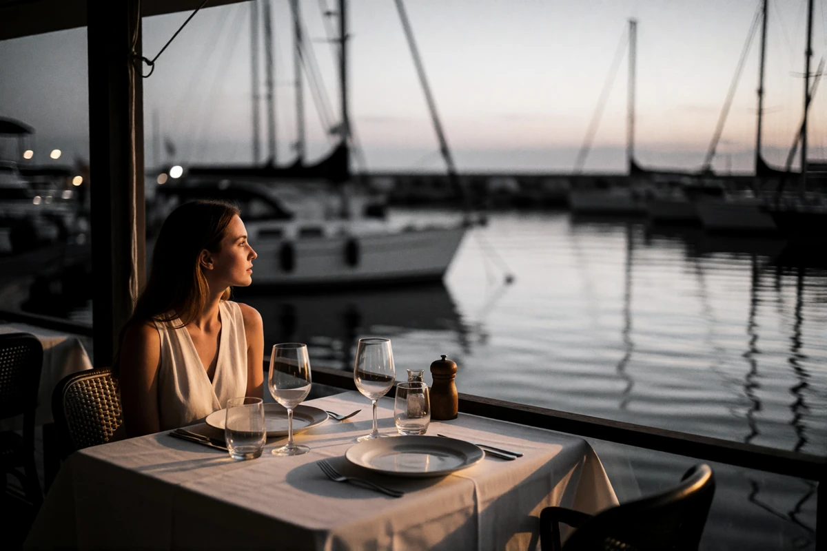 Set dinner table for two on an open-air marina terrace in Tampa at dusk, with moored boats softly out of focus