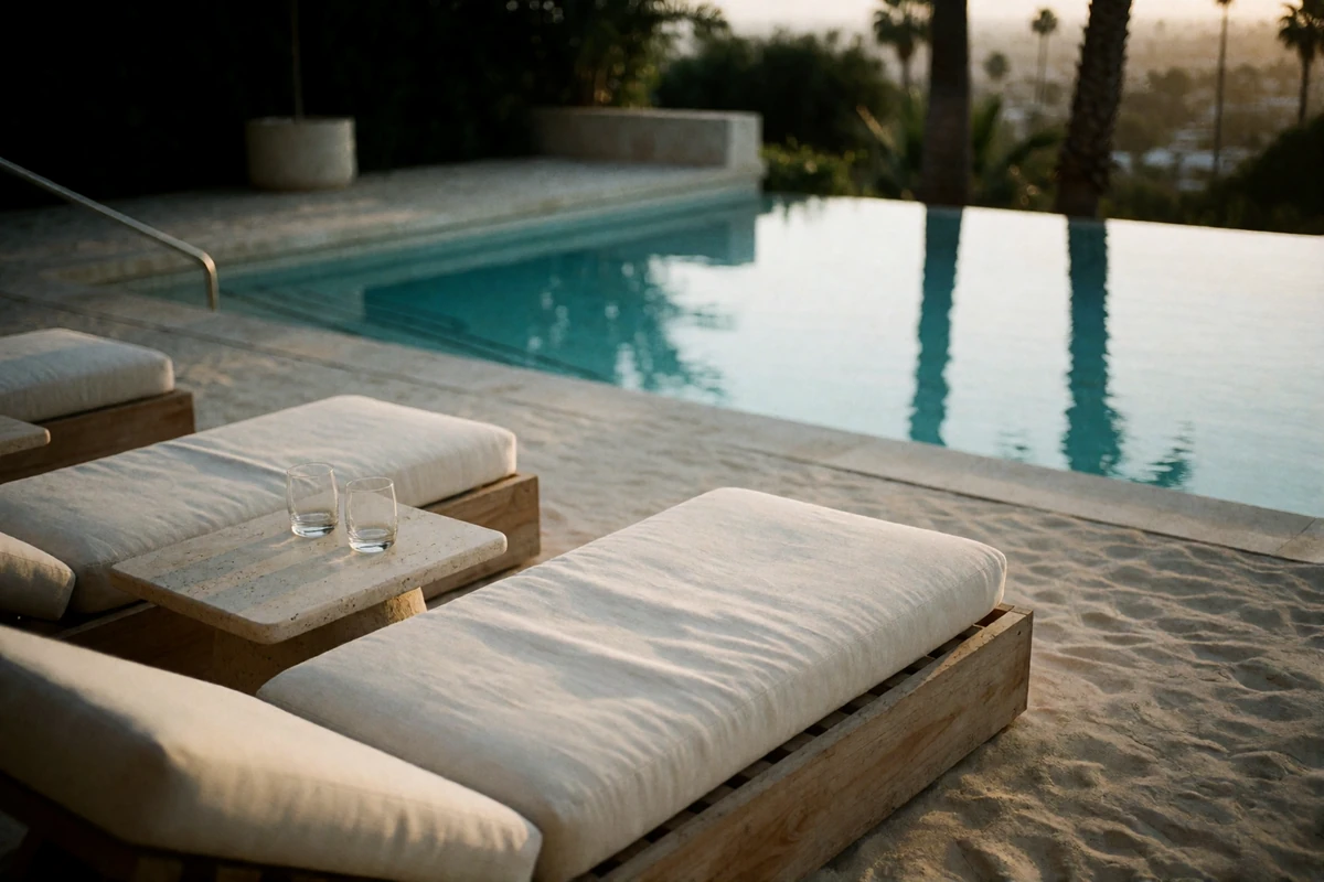 Quiet poolside lounge at a boutique Los Angeles hotel with pale linen loungers and tall palm silhouettes at late-day light