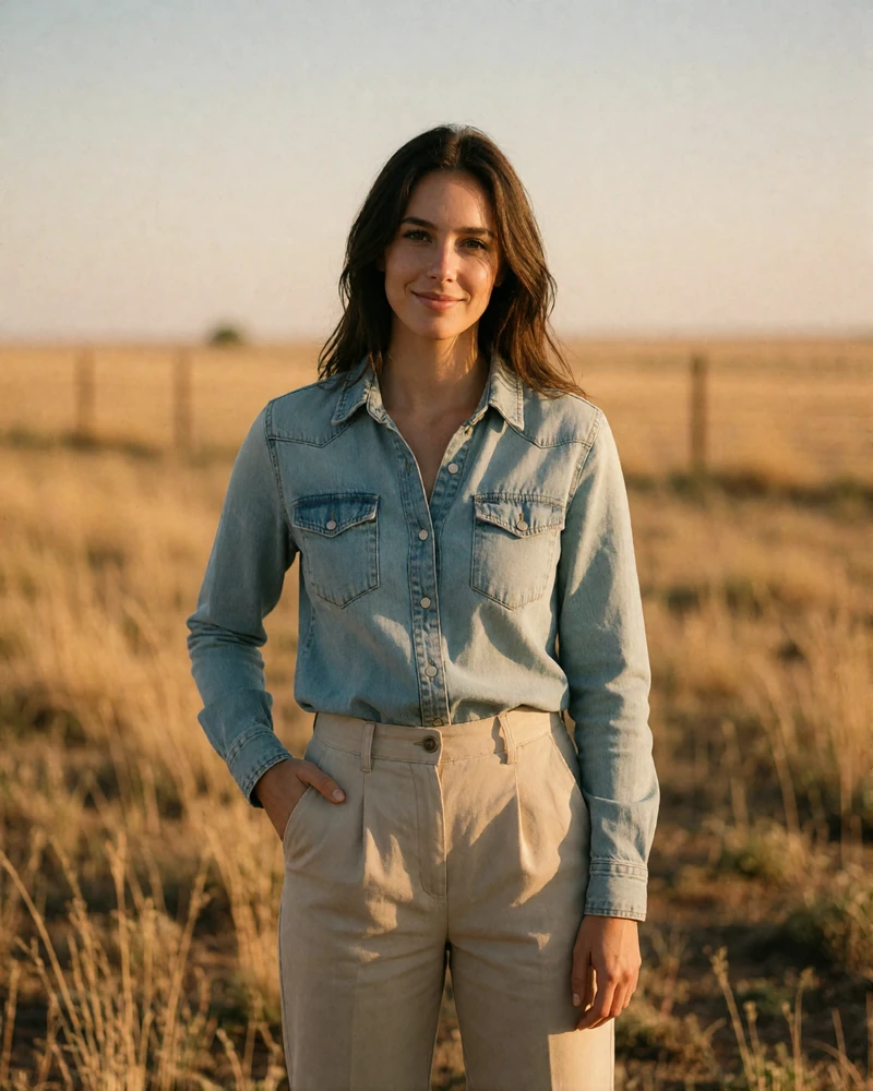 Woman in a denim shirt on open ranch land near Fort Worth at golden hour, an example Dallas-area member profile photo