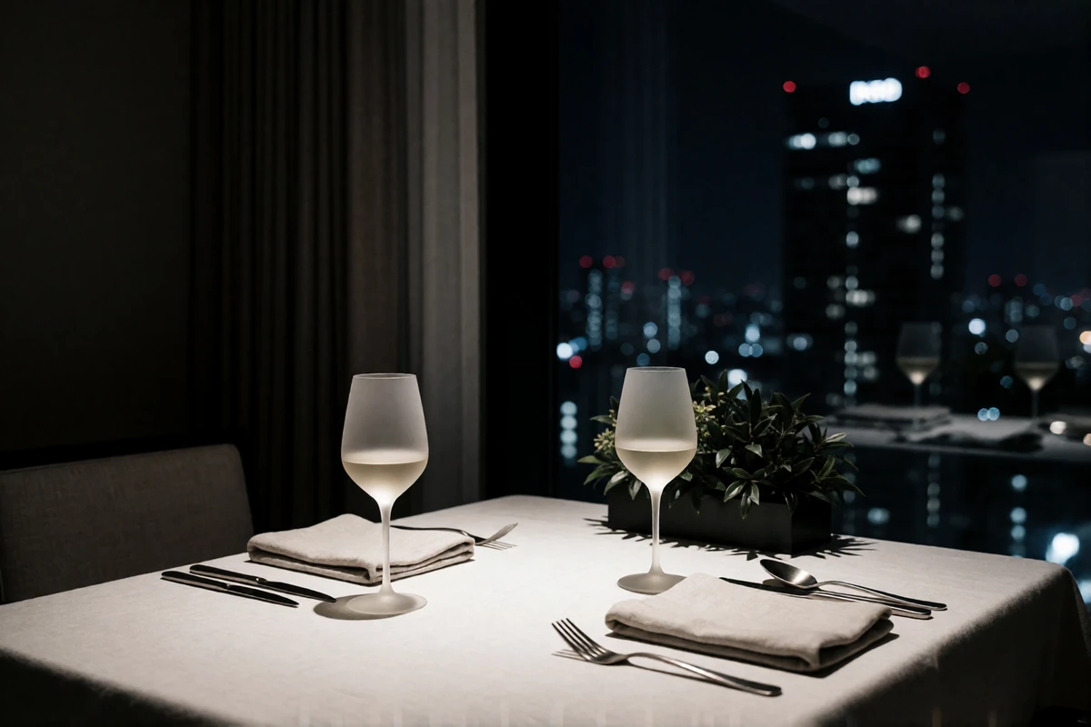 Private dinner table for two set beside a floor-to-ceiling window in a high-floor Las Vegas suite at night