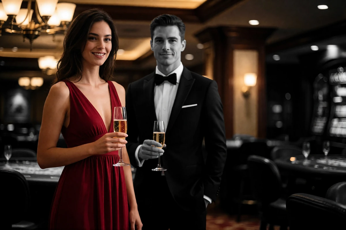Woman in a red evening dress meeting a man in a tuxedo in an upscale Las Vegas casino lounge