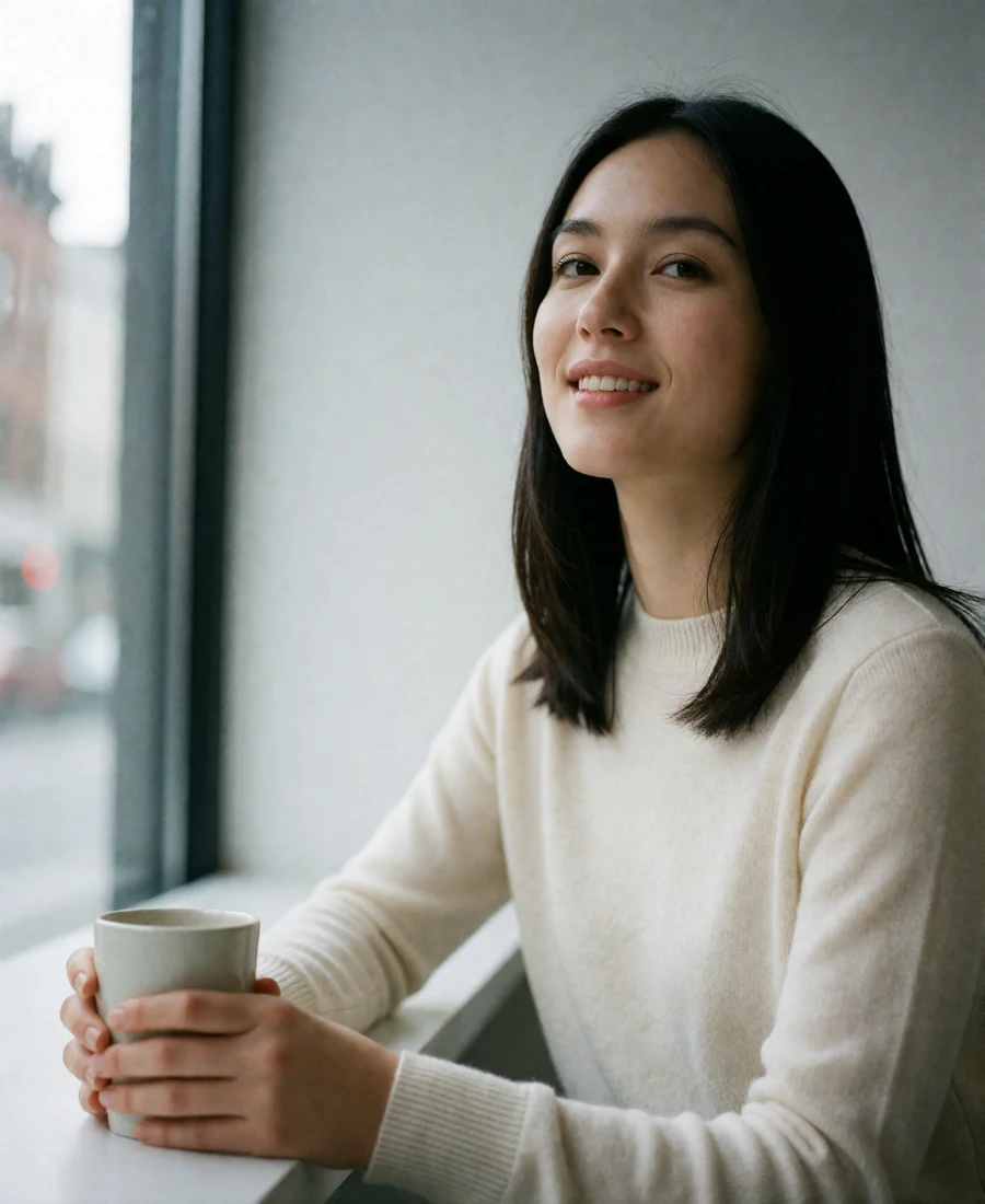 Dark-haired woman smiling at a café window seat near the Ohio State campus area, an example Columbus member profile photo