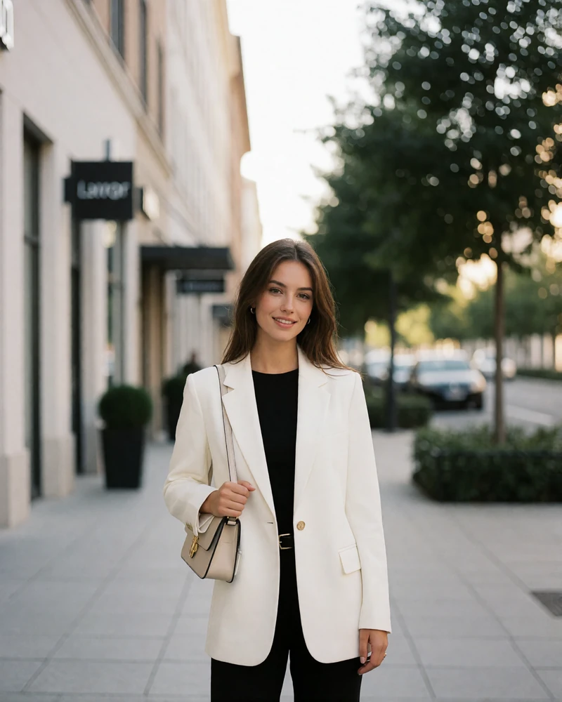 Woman in a cream blazer on a wide Uptown Dallas sidewalk with blurred mid-rise buildings behind her, an example Dallas member profile photo