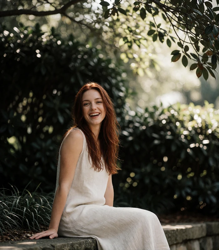 Woman with long auburn hair laughing on a stone garden ledge in dappled sunlight, an example Atlanta member profile photo