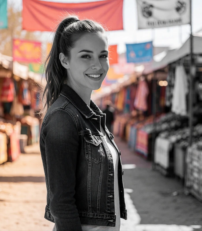 Woman with a high ponytail glancing back with a bright smile near a colorful market walkway, an example San Antonio member profile photo