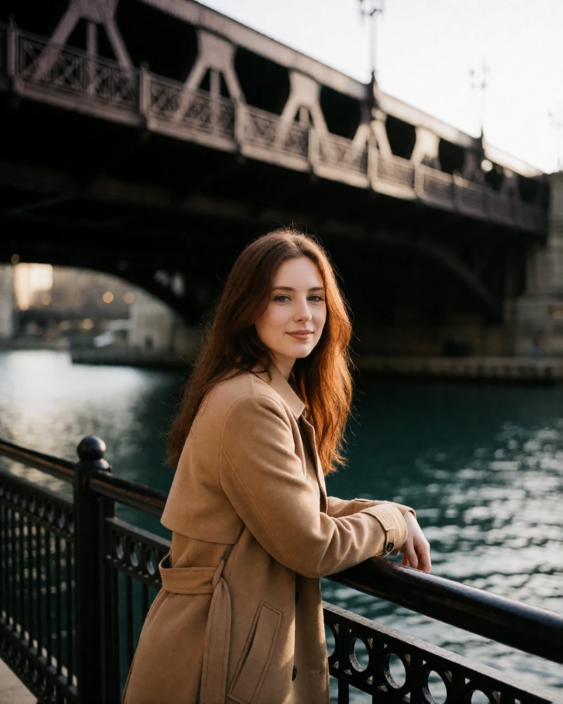 Auburn-haired woman in a camel trench coat leaning on a railing along the Chicago Riverwalk, an example Chicago member profile photo