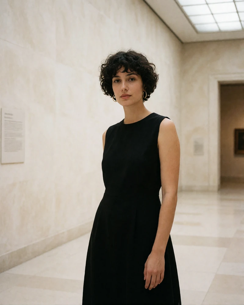 Dark-haired woman with short curls in a black dress standing in a bright museum corridor, an example Chicago member profile photo