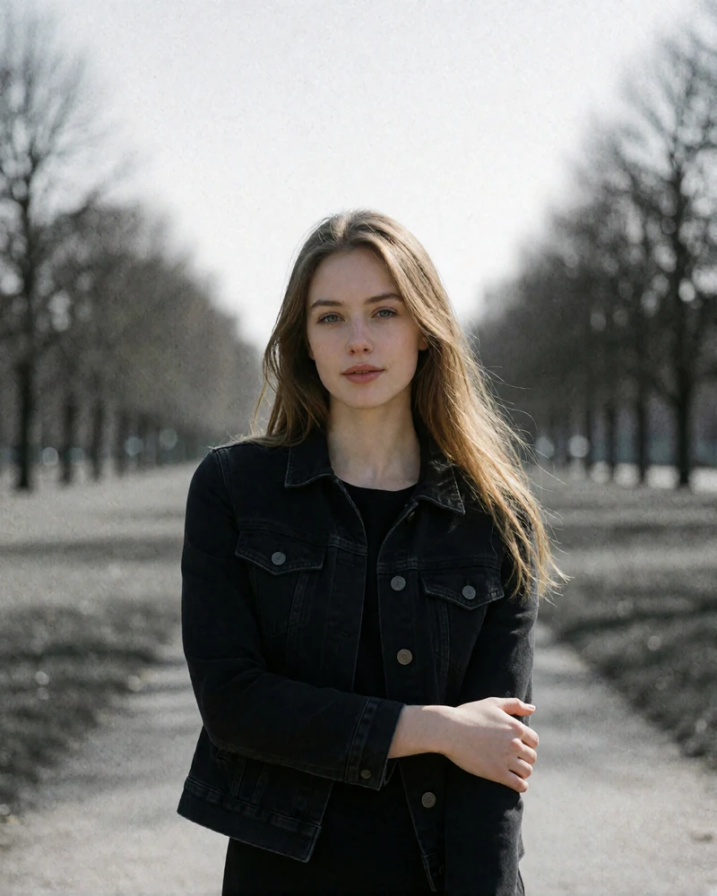 Light brown-haired woman in a dark denim jacket standing on an open park path, an example member profile photo