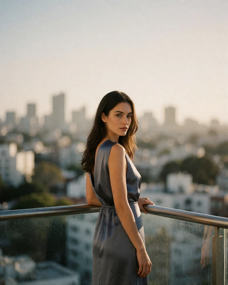 Woman in a slate satin dress glancing back over her shoulder on a city balcony at evening