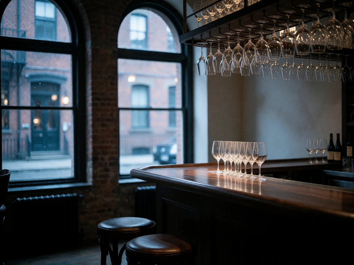 Corner of a refined Columbus wine bar with a polished dark counter, empty leather stools and stemware hanging above