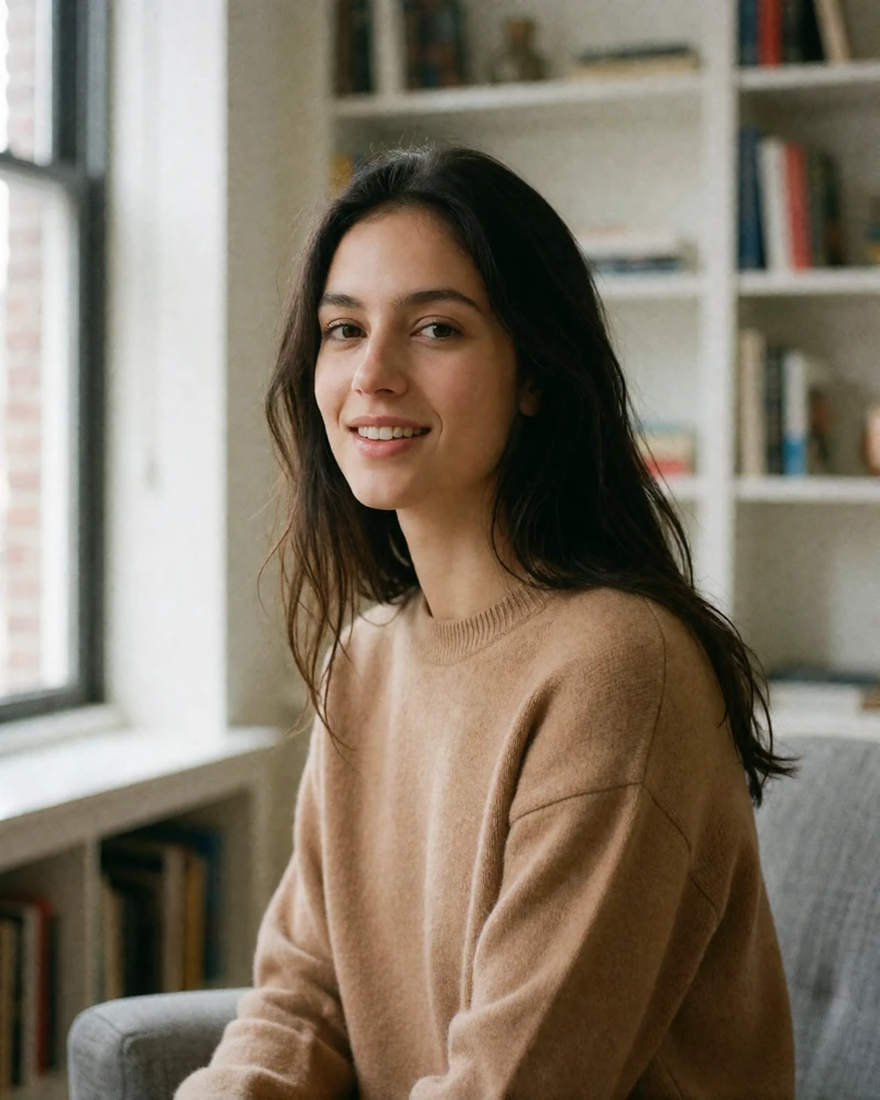 Woman with long dark hair in a camel sweater seated in a bright reading room, an example verified sugar baby profile photo