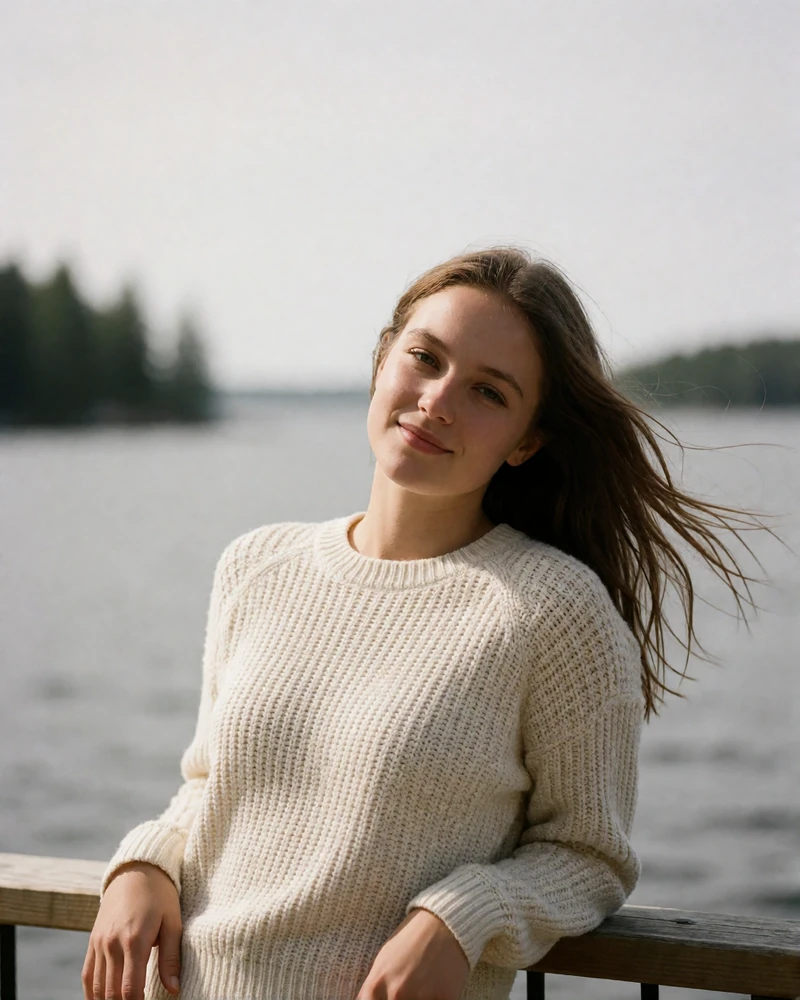 Woman leaning against an outdoor ferry deck rail with open water and forested islands behind her, an example Seattle sugar baby profile photo