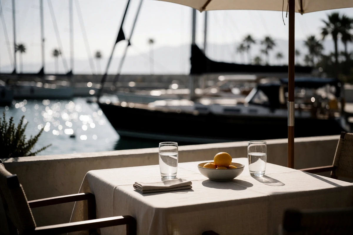 Outdoor marina-side lunch table with linen, citrus and water glasses overlooking sailboat masts in San Diego