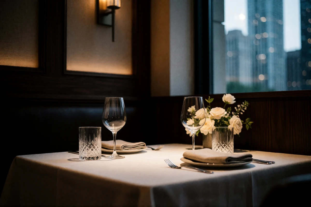 Reserved corner table for two inside an upscale Chicago steakhouse at dusk, with downtown towers blurred through the window