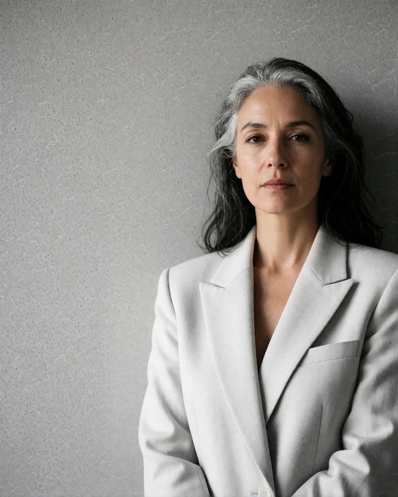 Woman in her late forties with silver-streaked hair in a structured pale blazer against a concrete wall, an example Miami cougar dating profile photo