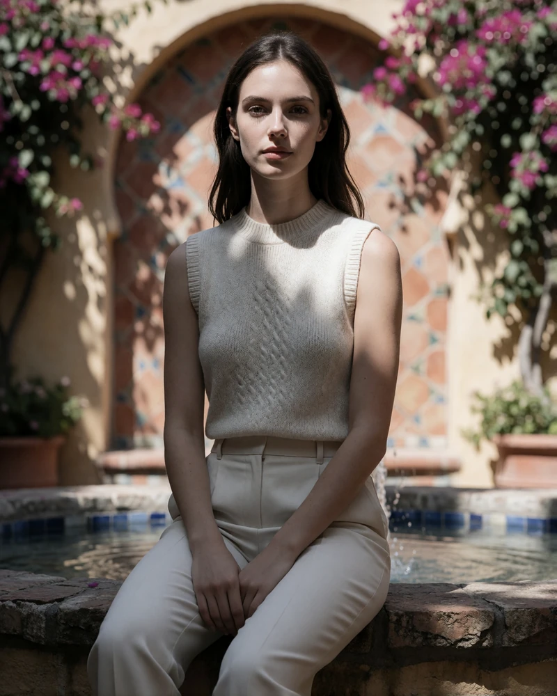 Woman seated on a stone fountain edge in a Spanish-style courtyard with terracotta tile and bougainvillea