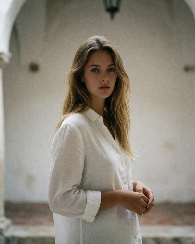 Young woman in a white linen shirt standing in a shaded stucco courtyard, an example Orlando sugar baby profile photo