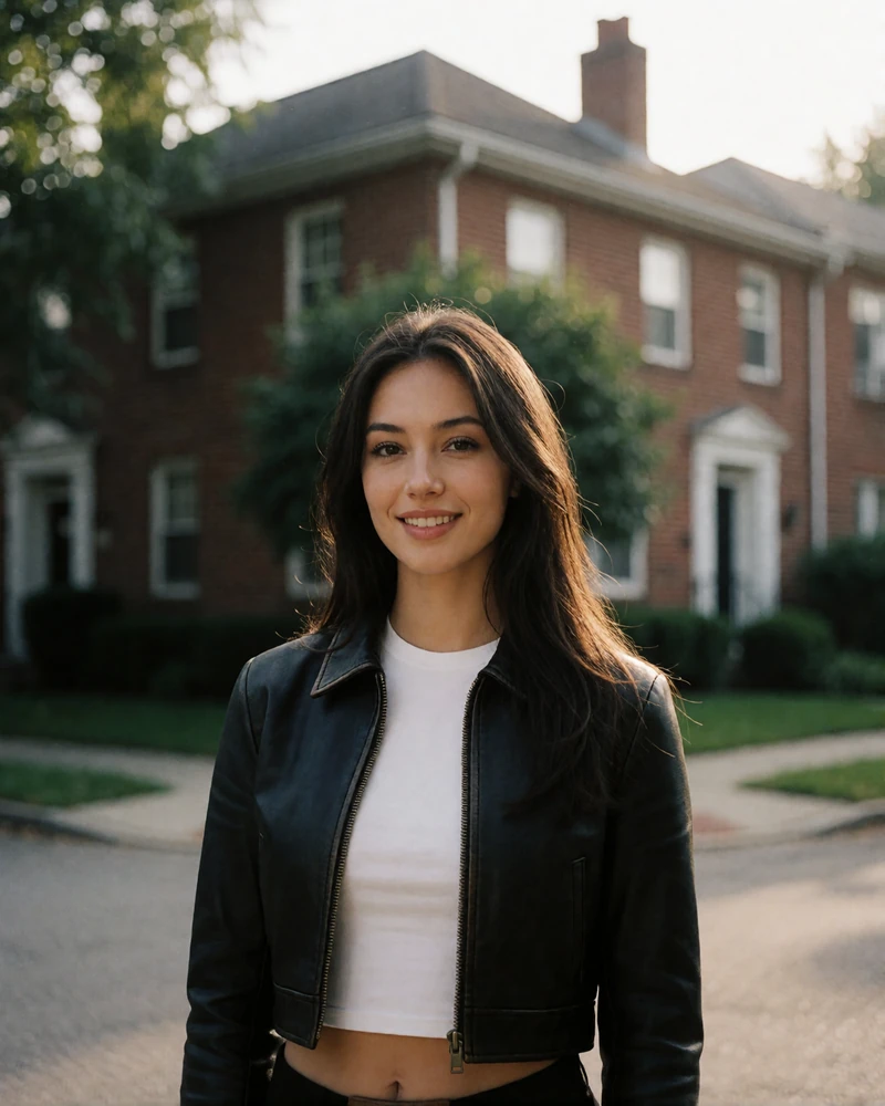 Dark-haired woman in a cropped leather jacket on a quiet Wicker Park corner, an example Chicago sugar baby profile photo