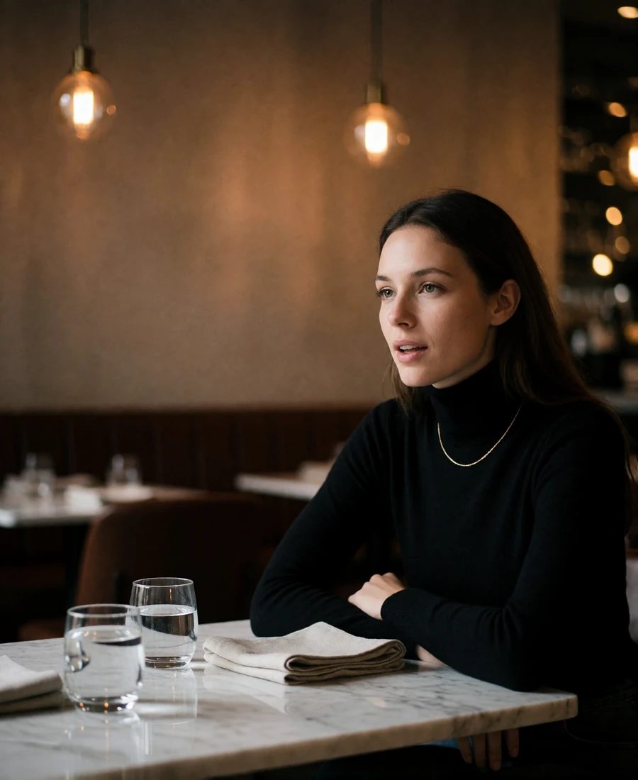 Woman in a black turtleneck leaning forward in conversation at a marble table in an upscale restaurant