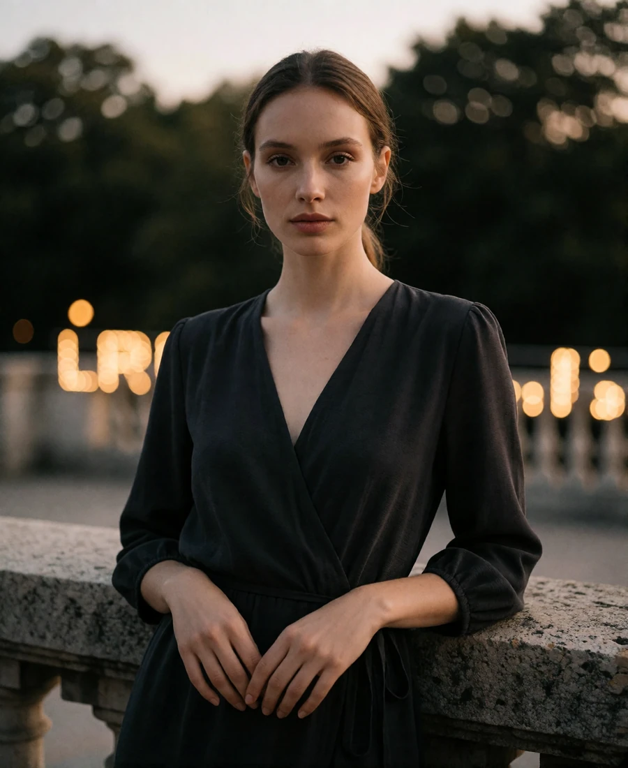 Elegant woman in a dark wrap dress on a stone terrace at dusk, an example San Antonio member profile photo