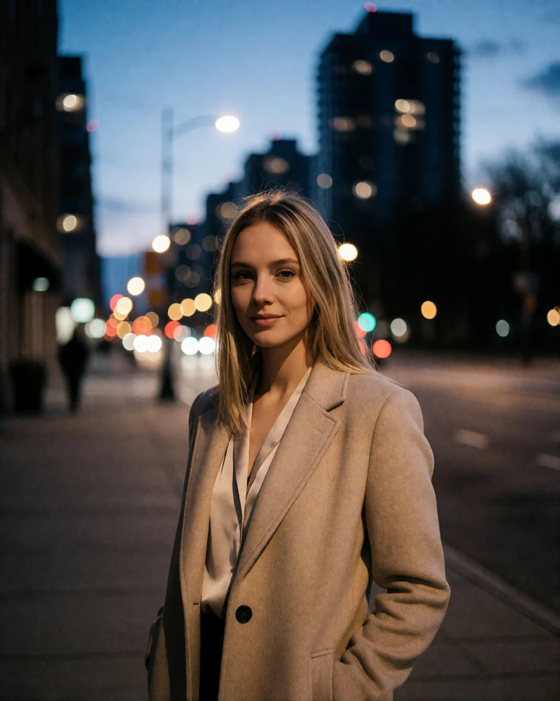 Blonde woman in a tailored beige coat on a South Loop sidewalk at dusk, an example Chicago sugar baby profile photo