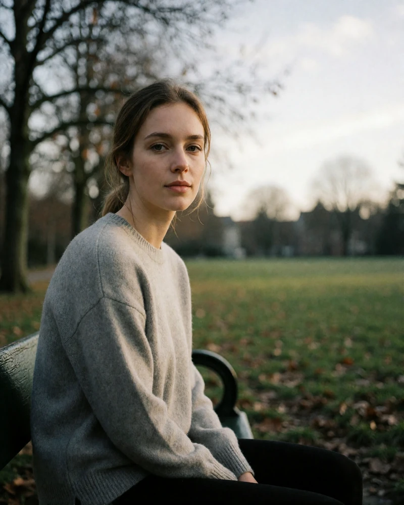 Light-haired woman in a grey cashmere sweater seated on a park bench in Lincoln Park, an example Chicago sugar baby profile photo