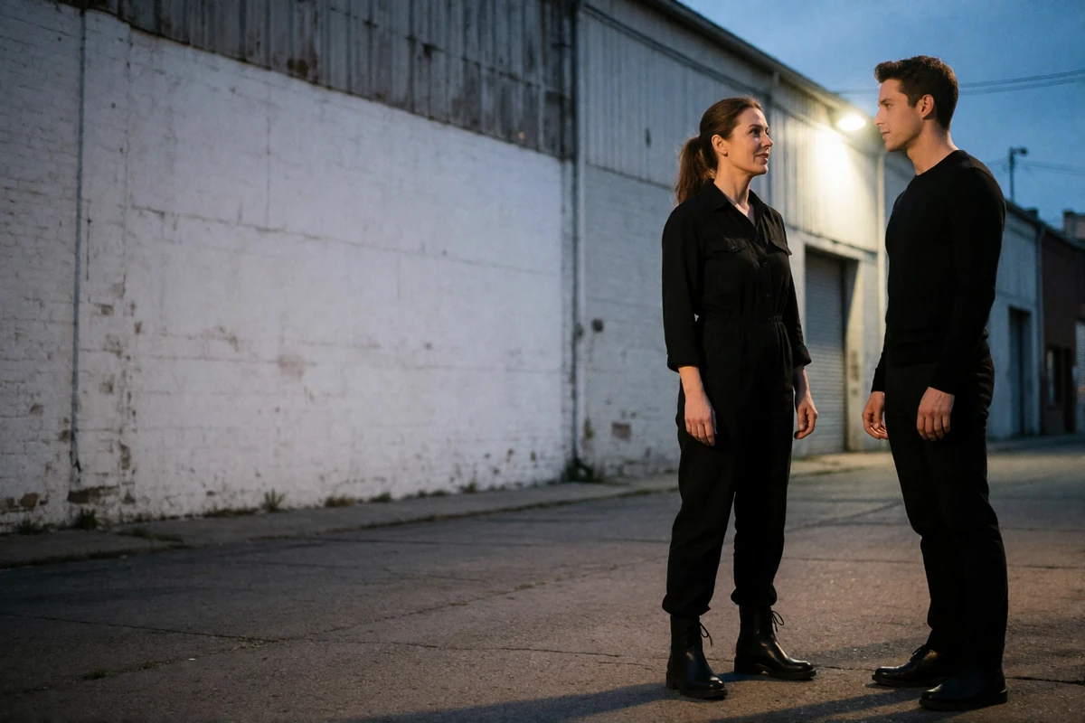 Confident woman in her forties in a black jumpsuit talking with a younger man on a quiet Miami Design District street at dusk