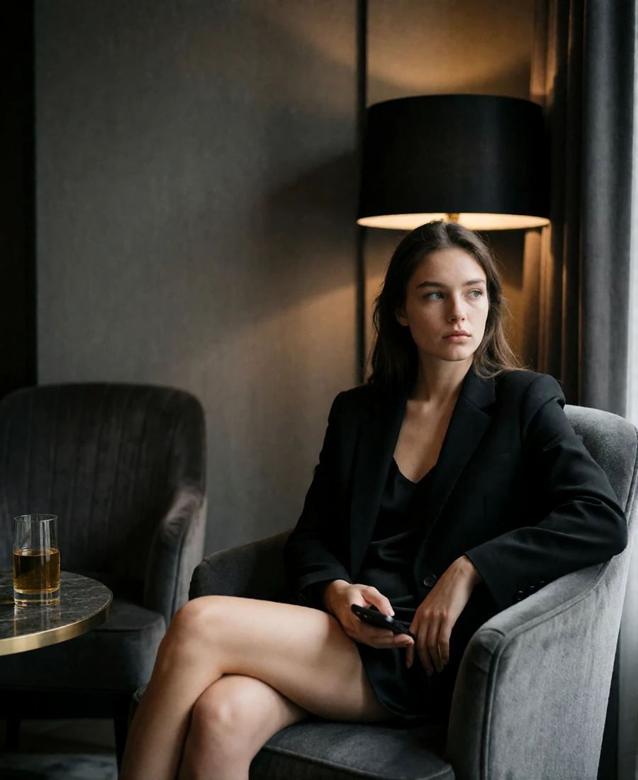 Woman in a tailored blazer sitting in a hotel lounge armchair, looking away from her phone with a bored expression