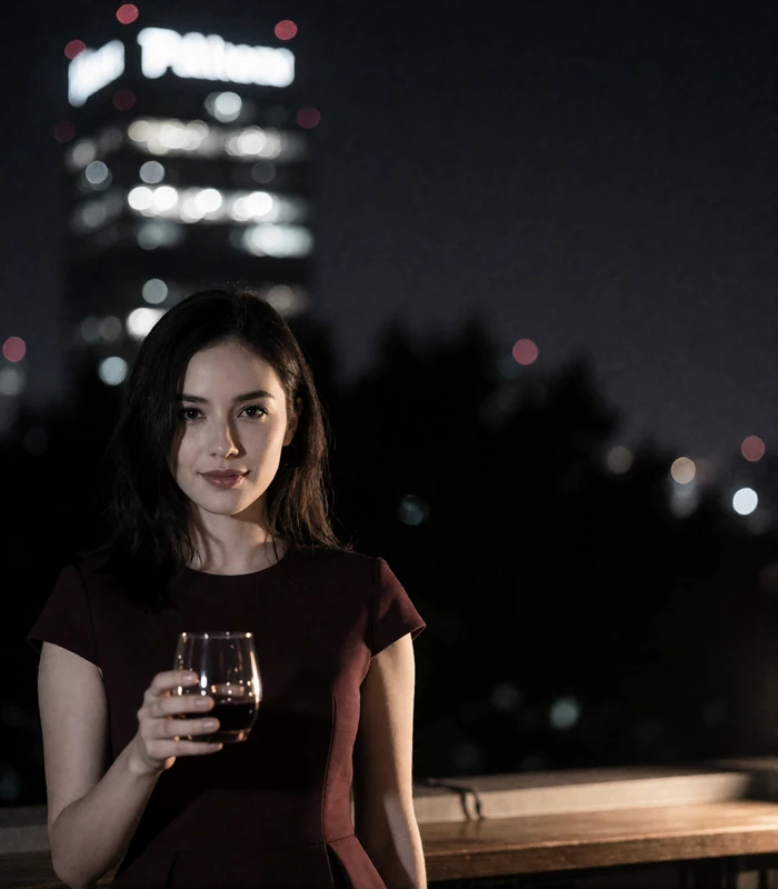 Woman in a wine-colored top on a rooftop bar at night, an example Atlanta member profile photo