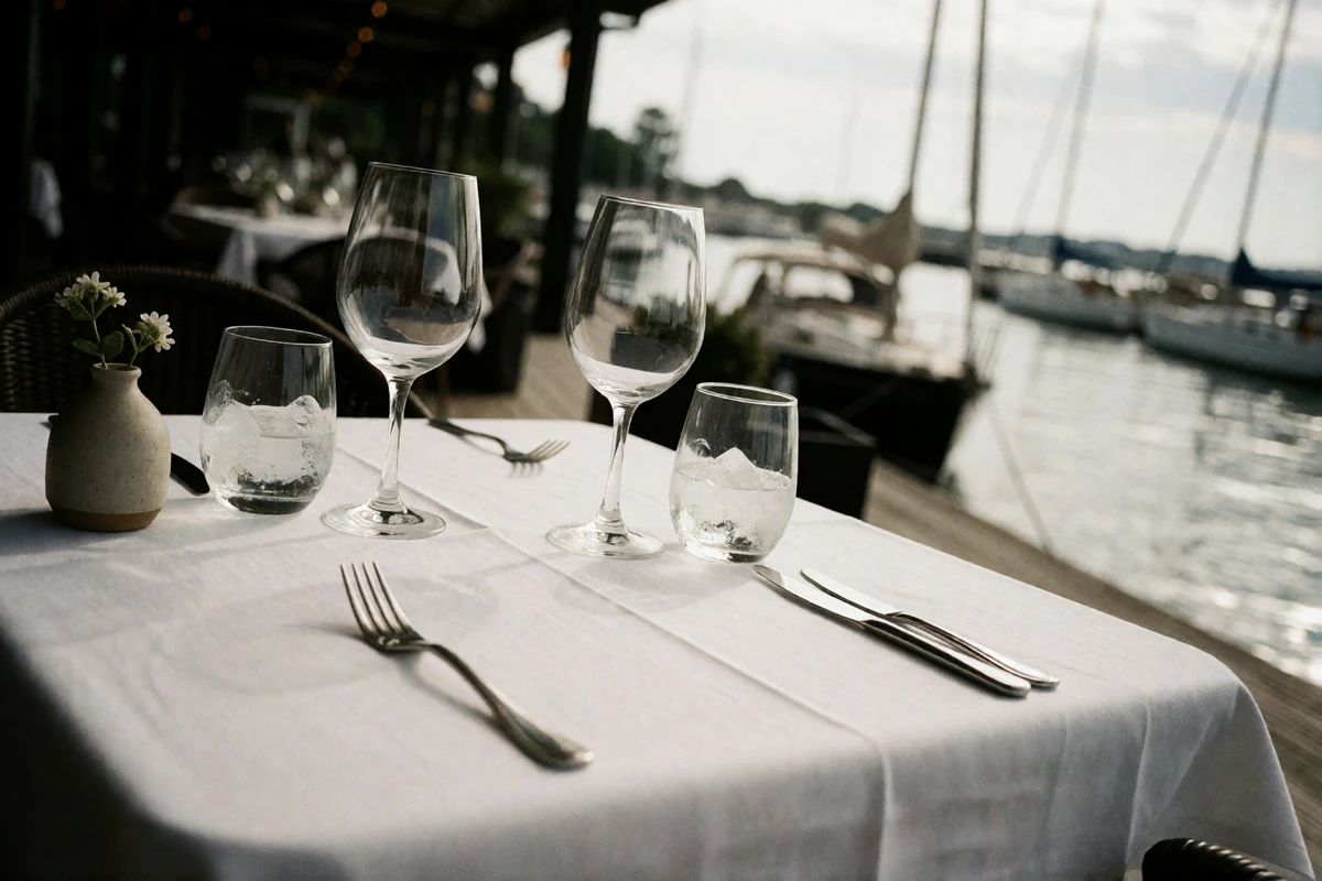 Set table for two on the open-air deck of an upscale San Diego waterfront restaurant with sailboats blurred in the harbor beyond